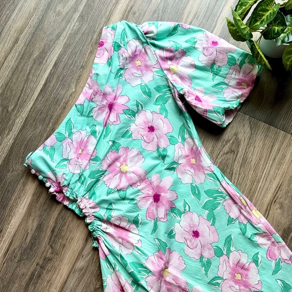 NWT GB Gianni Bini One Shoulder Floral Mini Dress Aqua Pink Side Cut Out  Size L - Picture 4 of 13